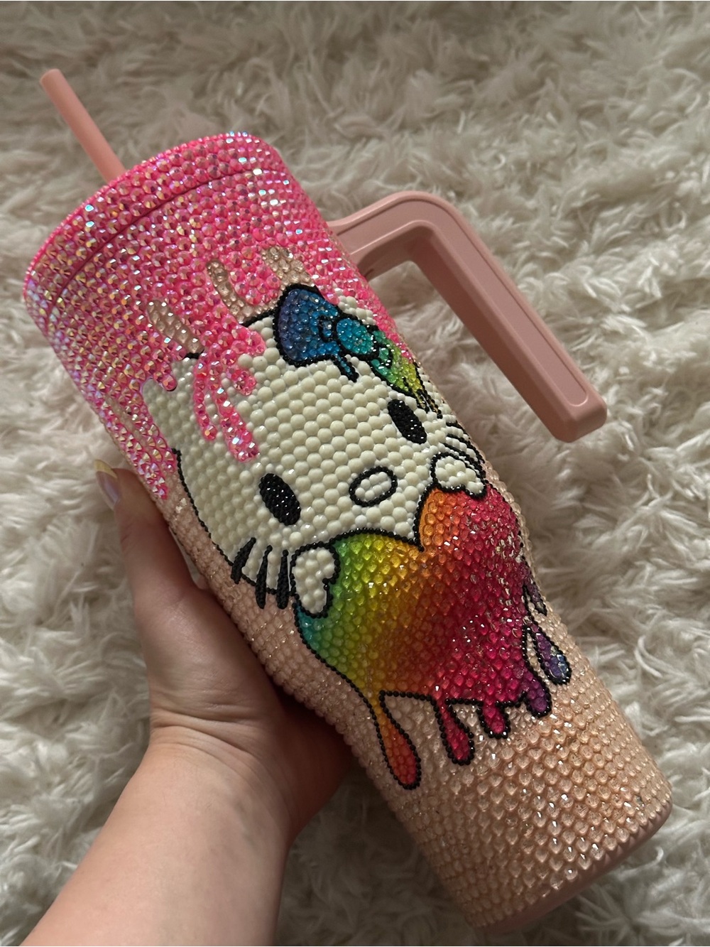 Pink Hello Kitty Rainbow Heart Kids Bling Tumbler with Straw